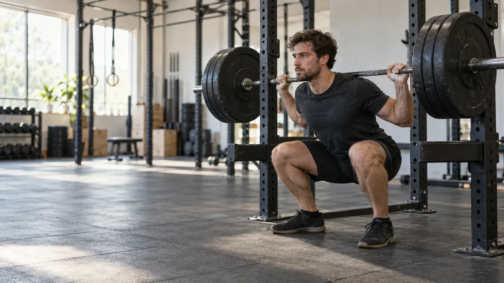 A man squatting a loaded barbell in a power rack in a bright gym.