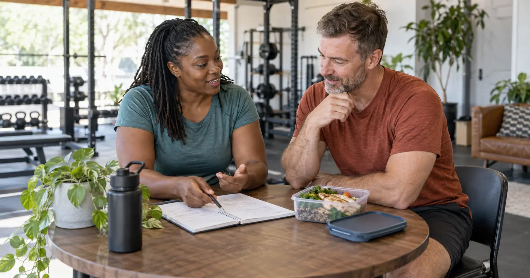 A personal trainer and her client at a table in a gym, going over notes next to his packed lunch.