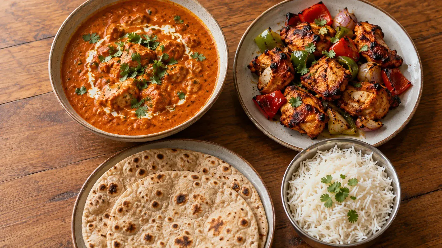 A bowl of butter chicken topped with coriander, a plate of chicken tikka with peppers and onion, rotis and a bowl of basmati rice on a wooden table