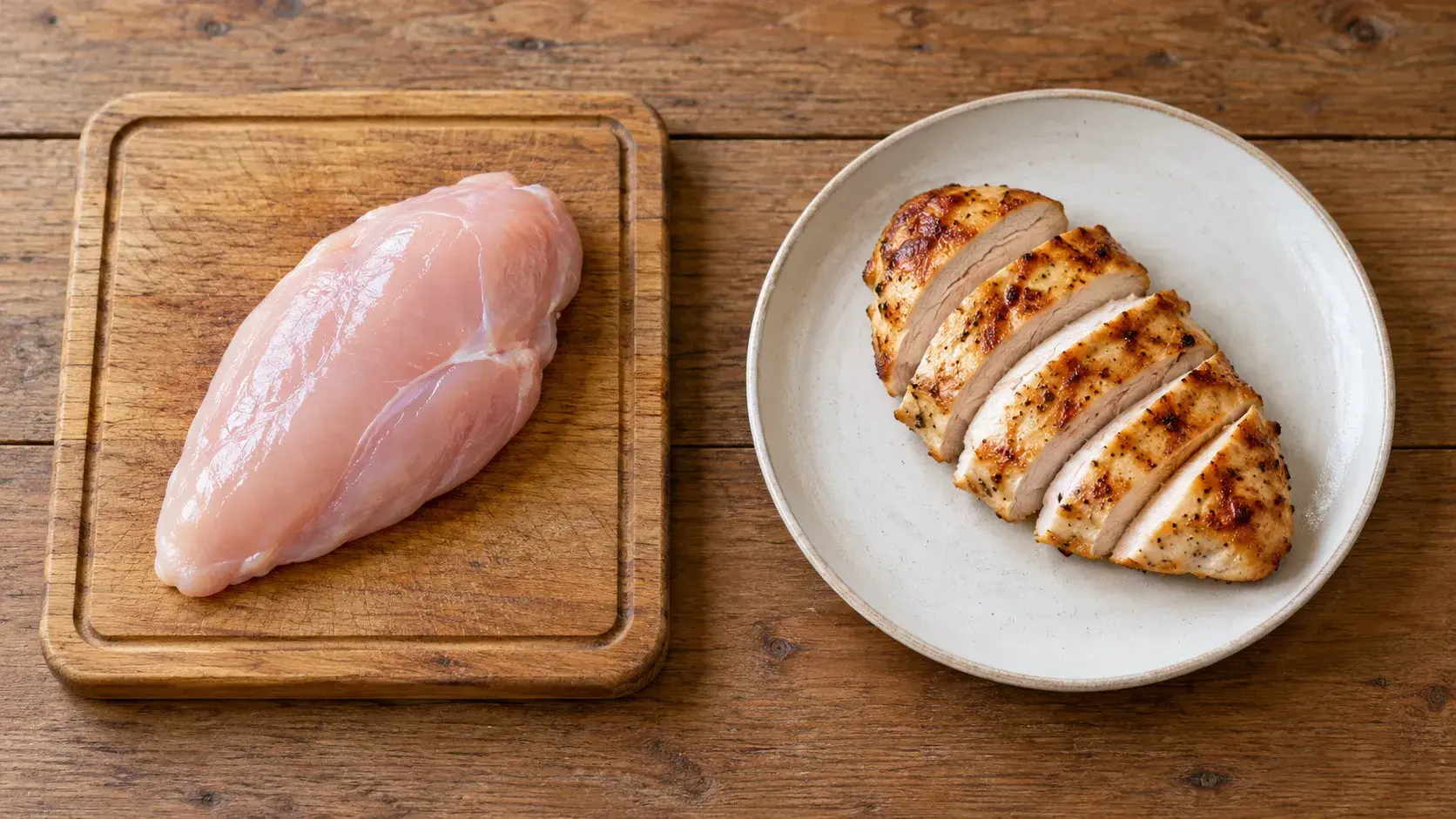 A raw chicken breast on a wooden board beside a sliced grilled chicken breast on a plate