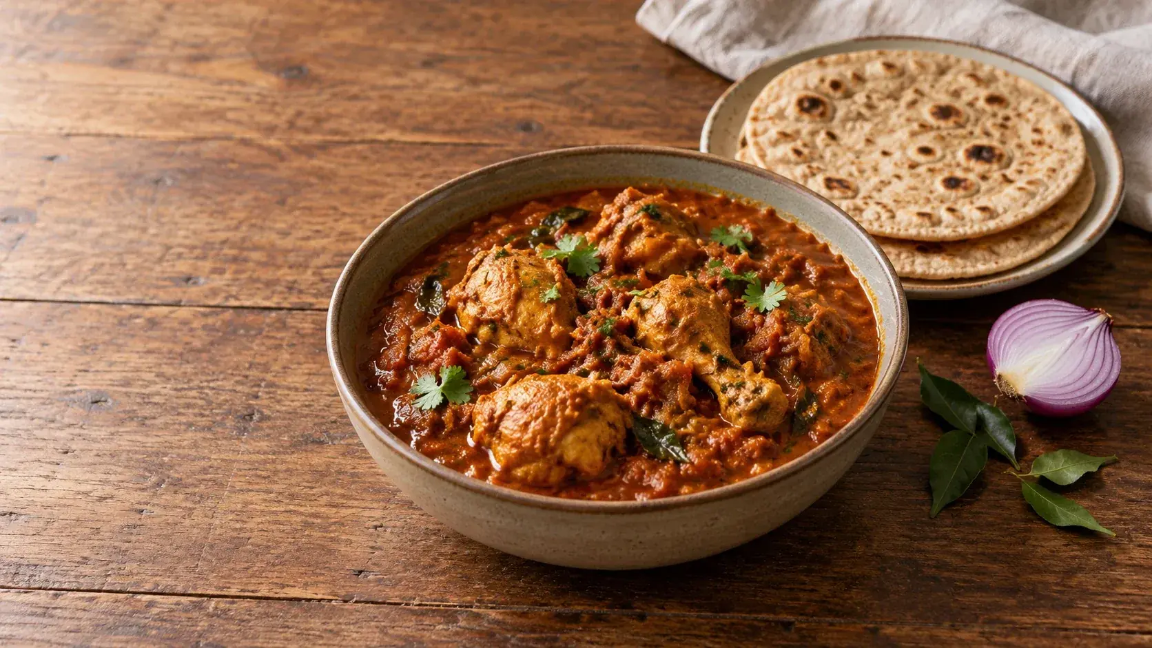 A bowl of tomato chicken curry with coriander and curry leaves, a plate of whole-wheat rotis, half a red onion and curry leaves on a wooden table