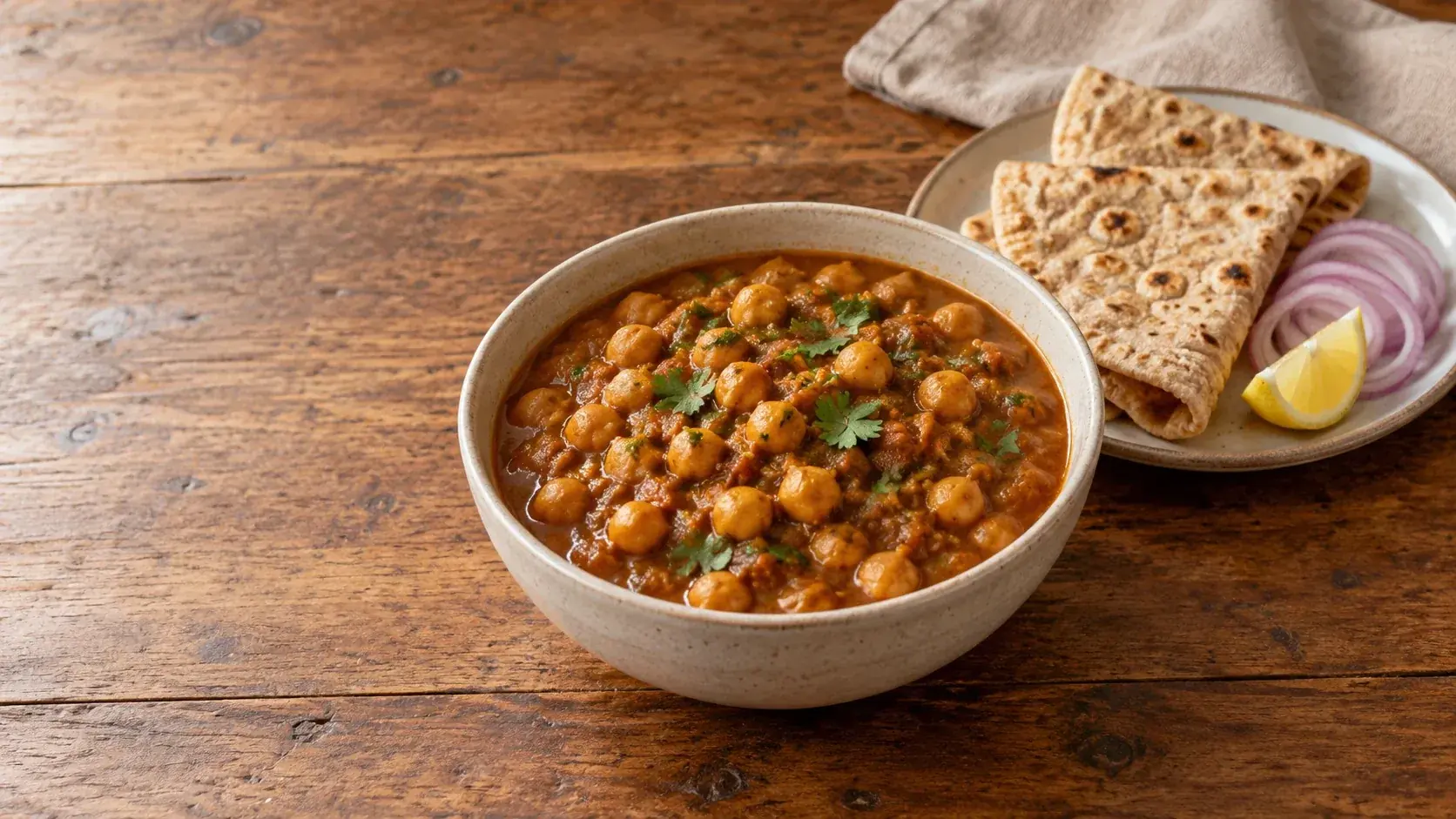 A bowl of chole chickpea curry with coriander, folded rotis, sliced red onion and a lemon wedge on a wooden table
