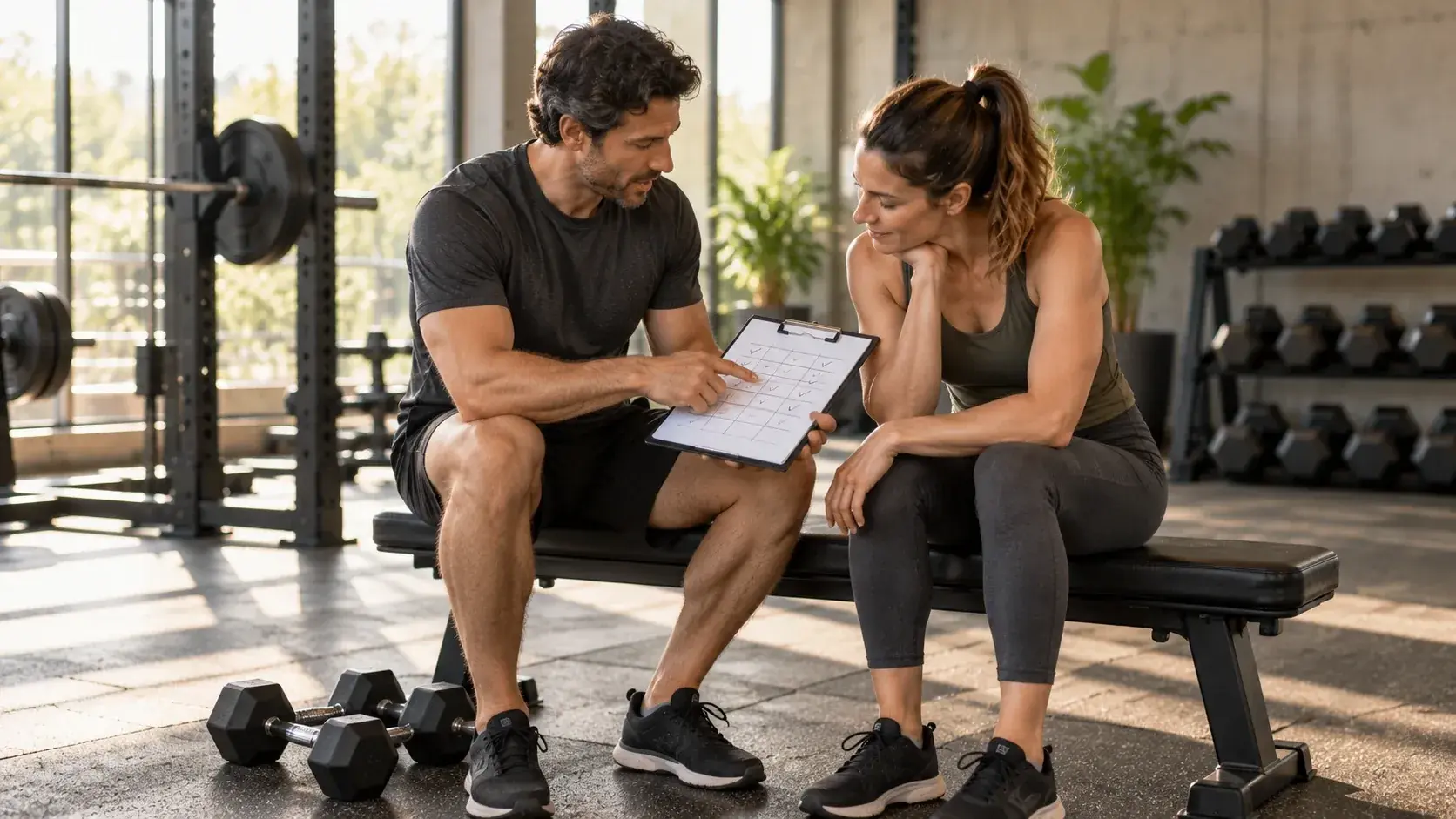 A trainer and a client on a gym bench going through a plan on a clipboard