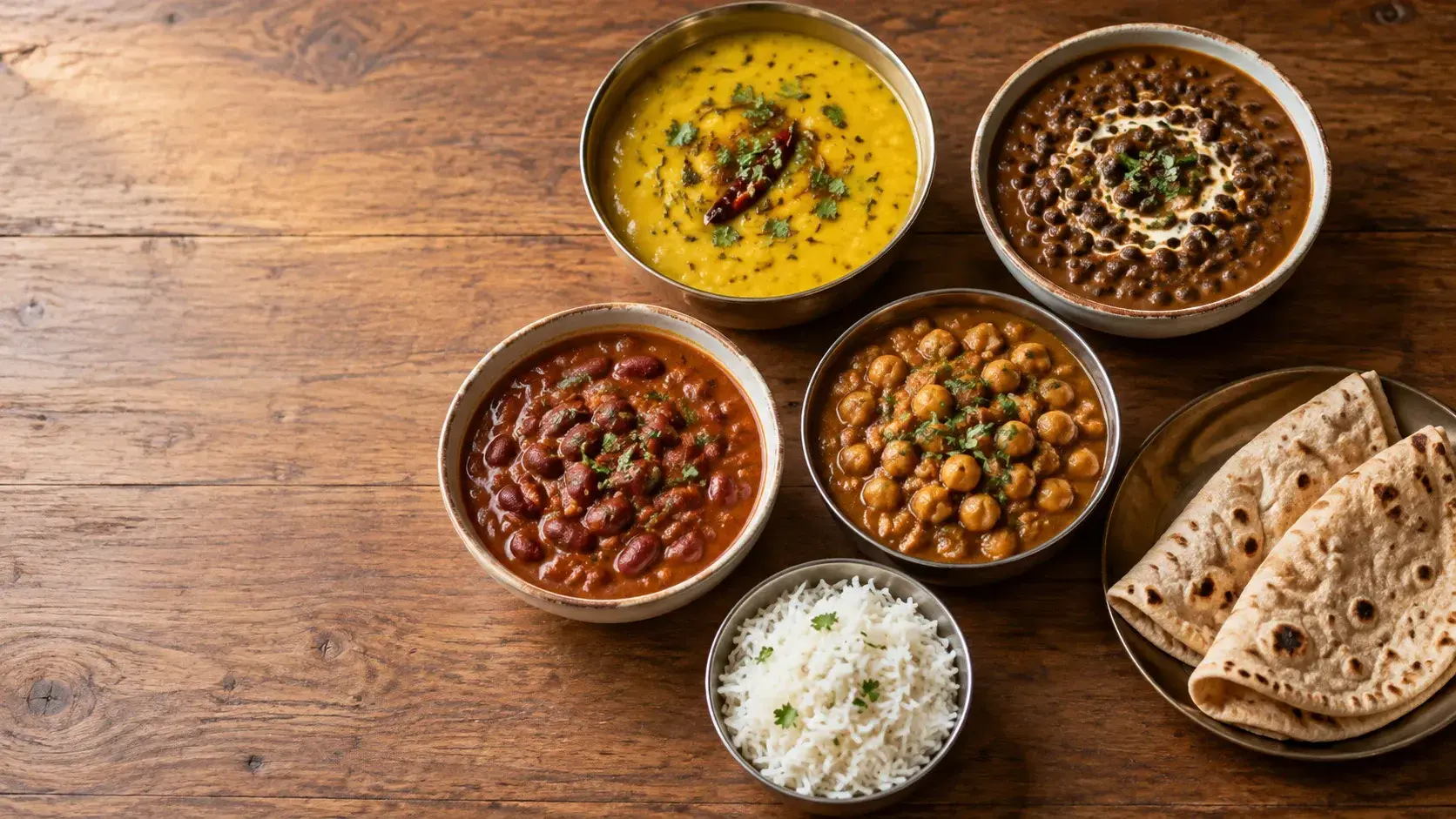 Bowls of yellow dal with a red chilli tadka, dal makhani, rajma and chole, with rice and rotis on a wooden table
