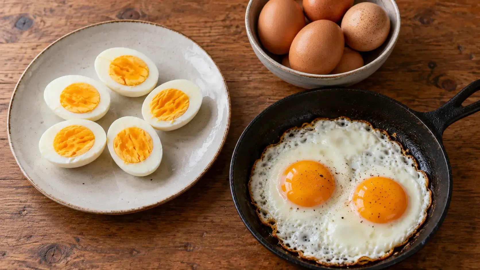 Halved hard-boiled eggs on a plate, two fried eggs in a cast-iron pan and a bowl of brown eggs on a wooden table