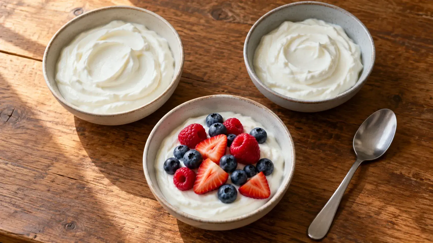 Three bowls of thick plain Greek yogurt on a wooden table, one topped with strawberries, raspberries and blueberries, with a spoon beside them