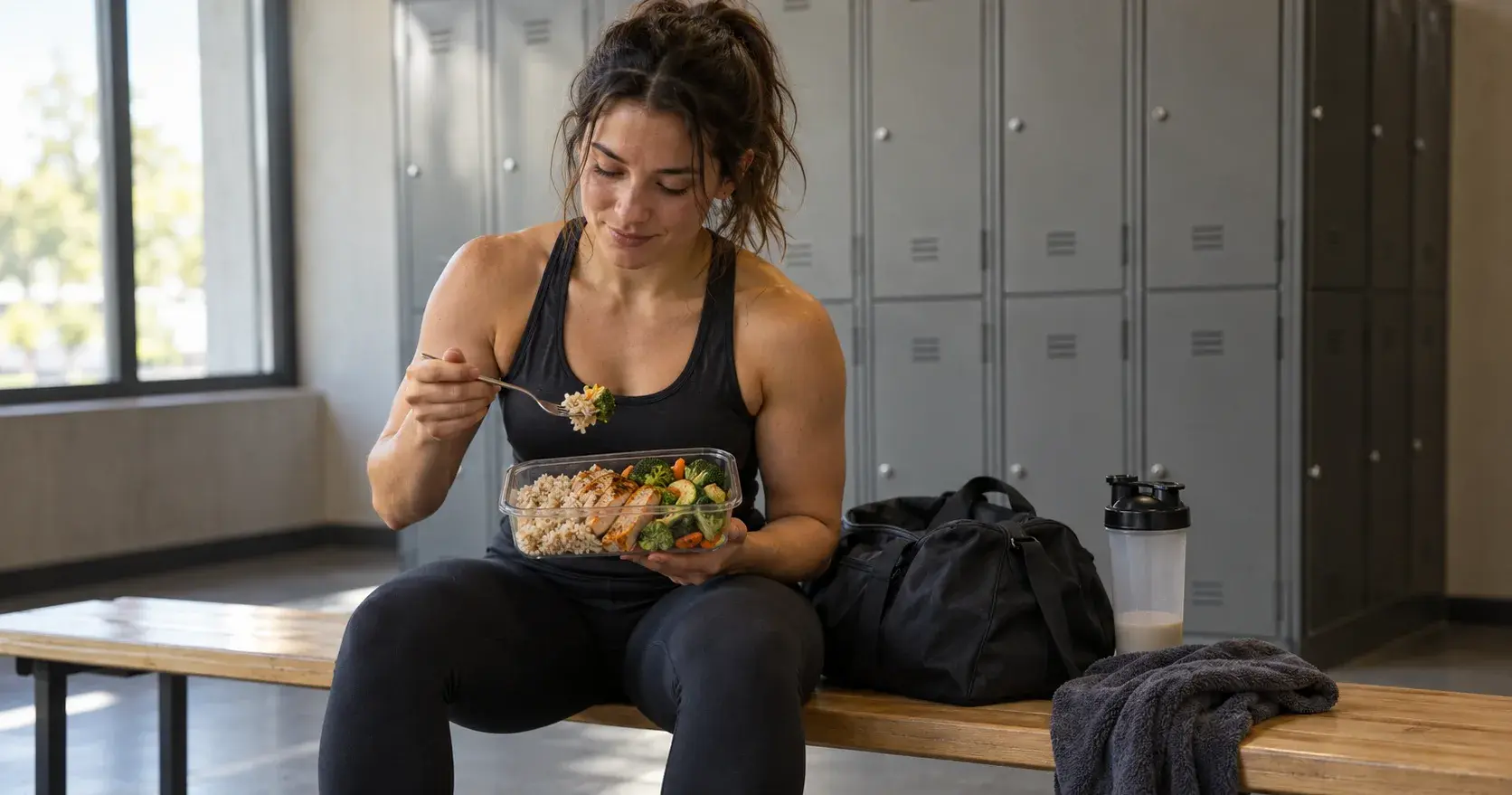A woman eating a meal-prep container of chicken, rice and vegetables on a locker-room bench after a workout, with a gym bag and shaker bottle beside her