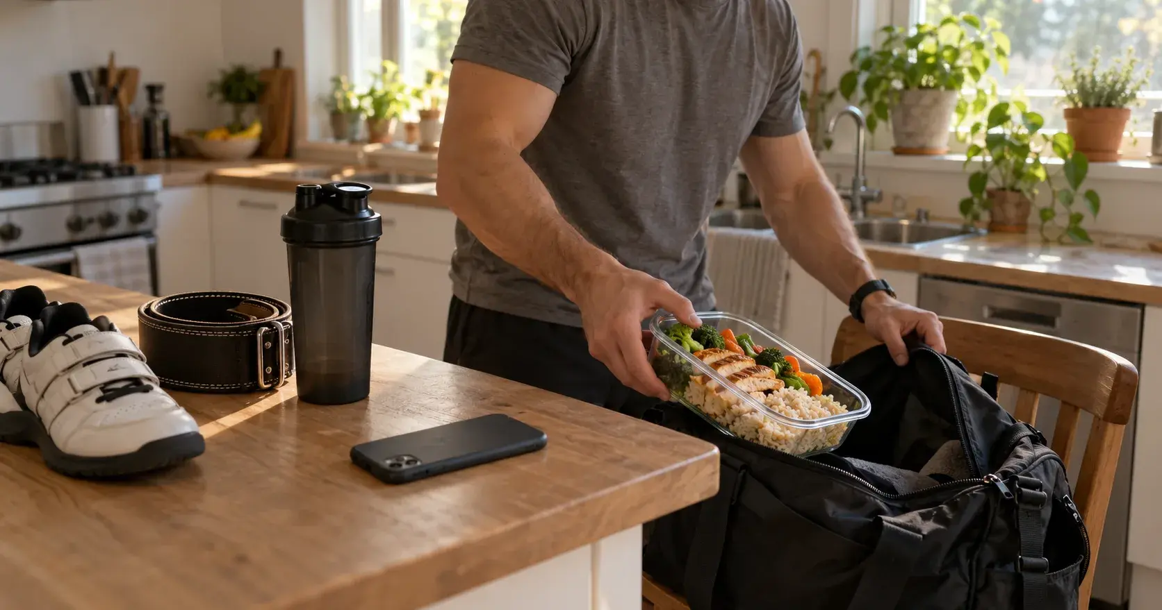 A man packing a meal-prep container of chicken, rice and vegetables into a gym bag, beside lifting shoes, a belt and a shaker bottle