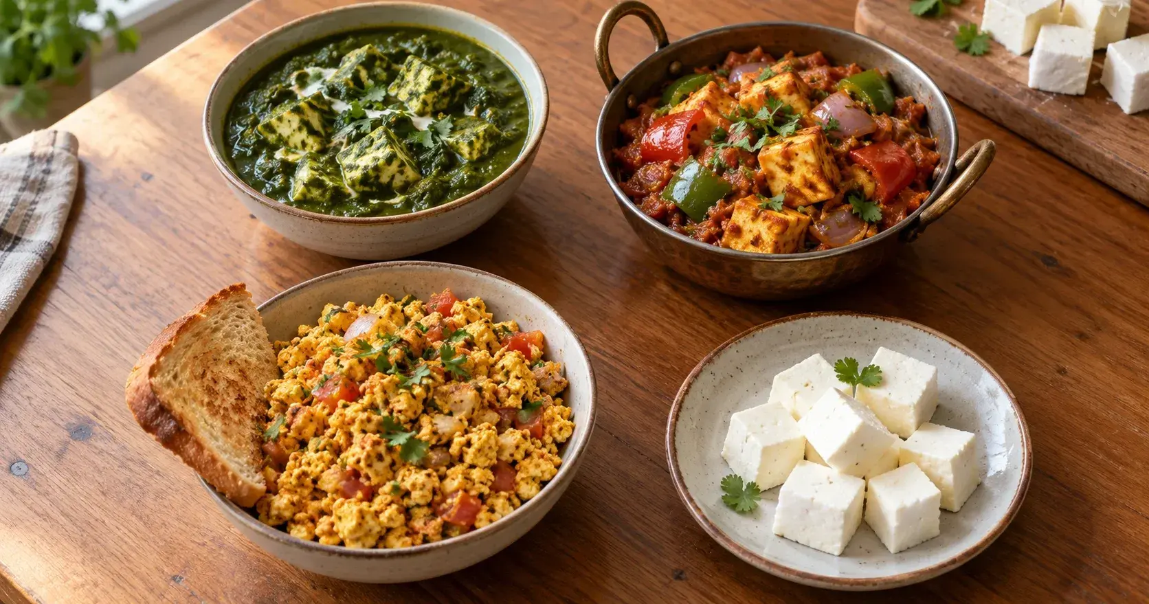 Palak paneer, kadai paneer, paneer bhurji with toast and a plate of plain paneer cubes on a wooden table