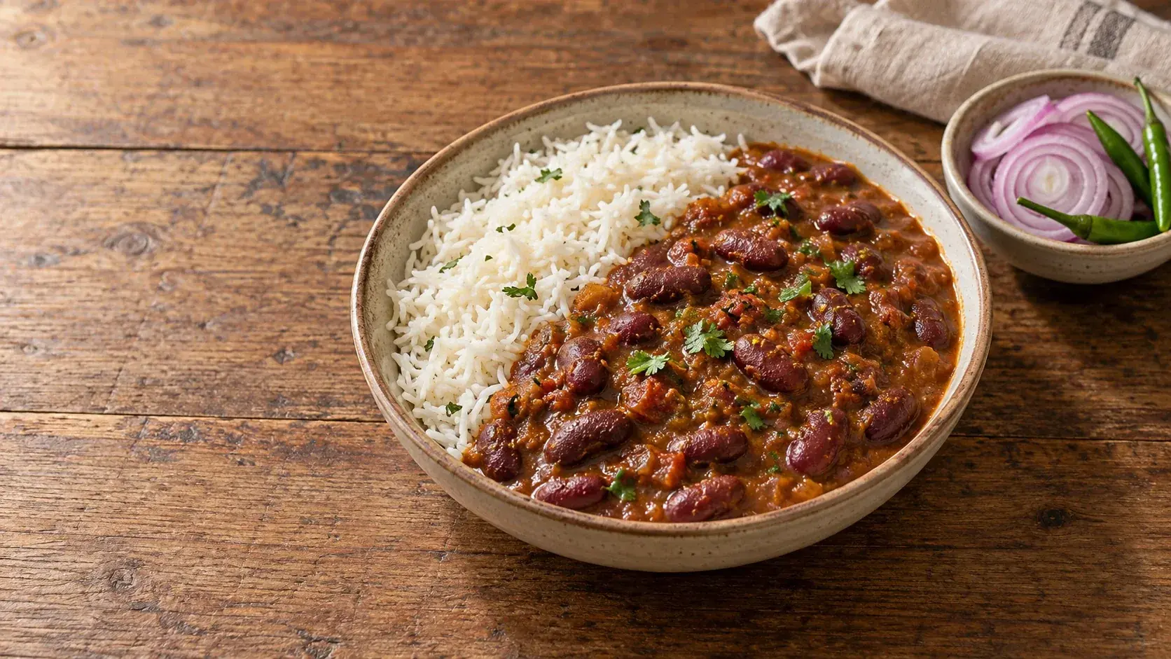 A bowl of rajma kidney bean curry beside basmati rice, with a small bowl of sliced red onion and green chillies on a wooden table
