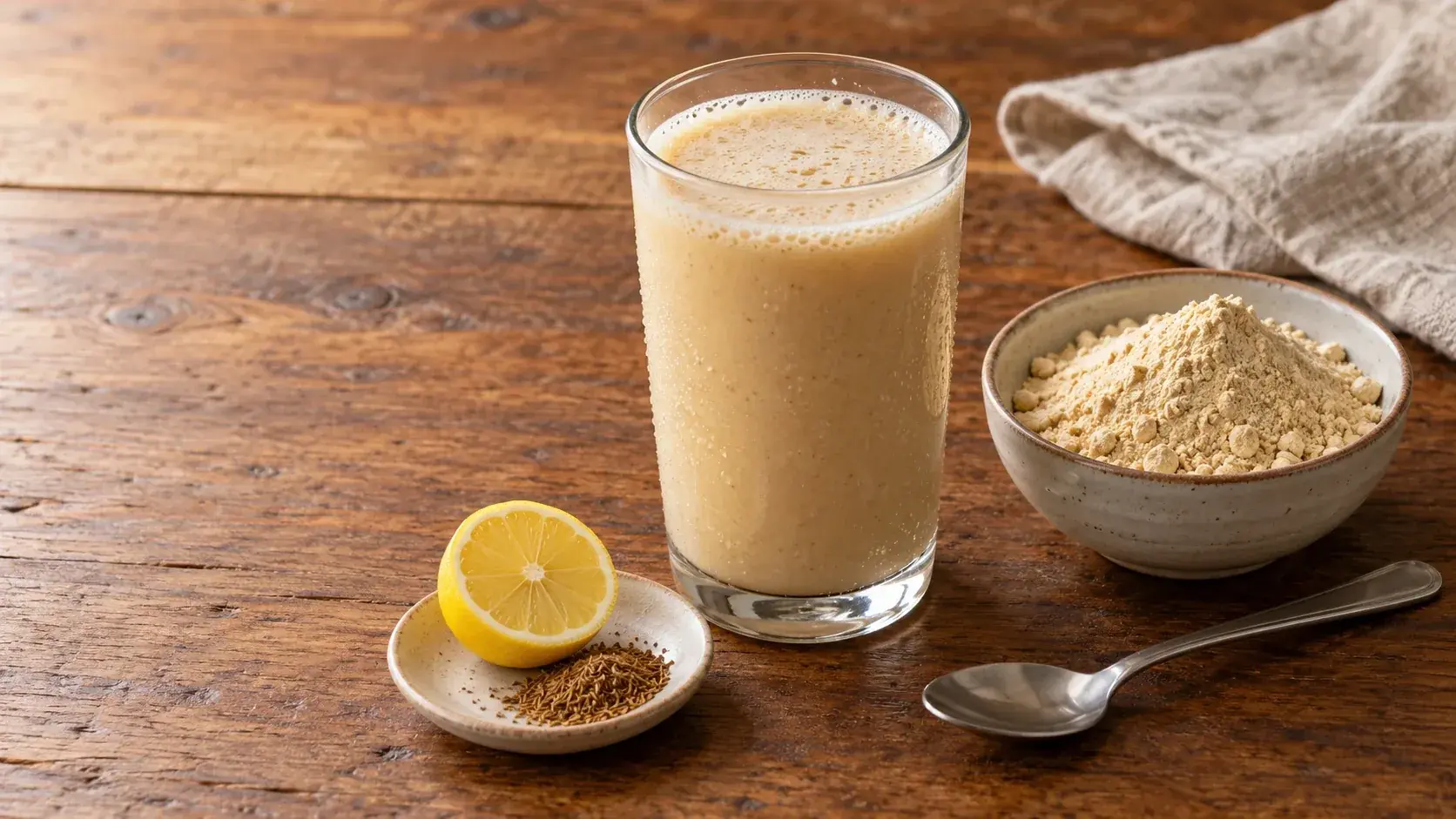 A tall glass of pale sattu shake beside a bowl of sattu flour, a lemon half with roasted cumin and a steel spoon on a wooden table