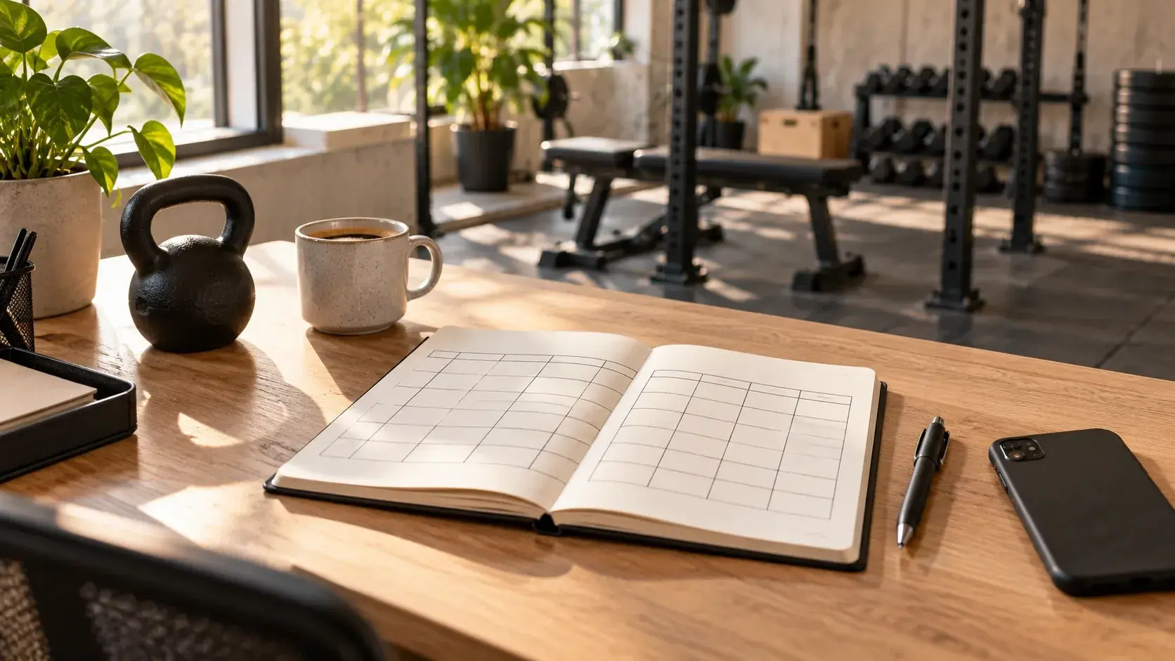 An open notebook with a blank weekly grid on a desk beside a kettlebell, a coffee and a phone, with a gym floor behind