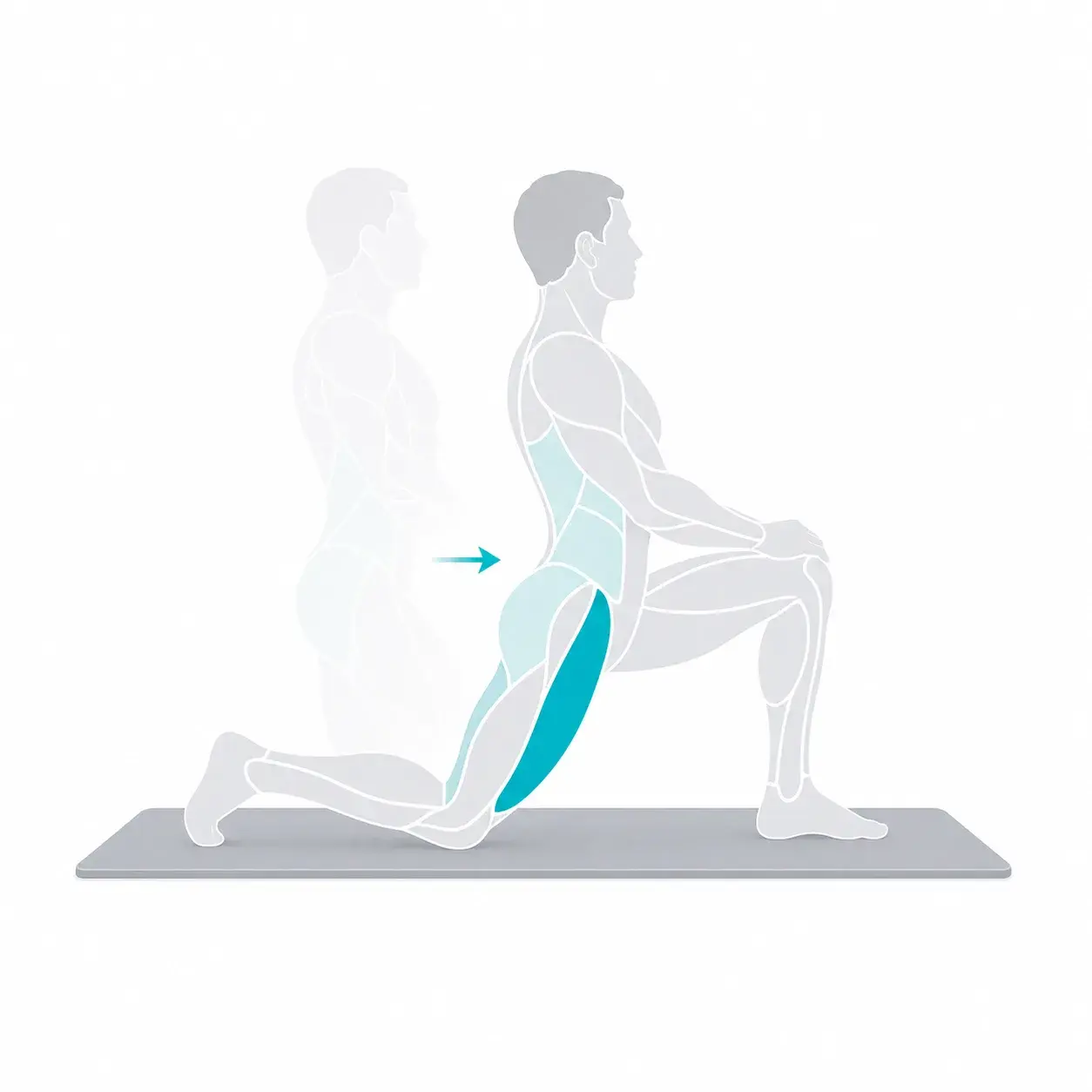 Illustration of a hip flexor stretch, showing the start and end positions