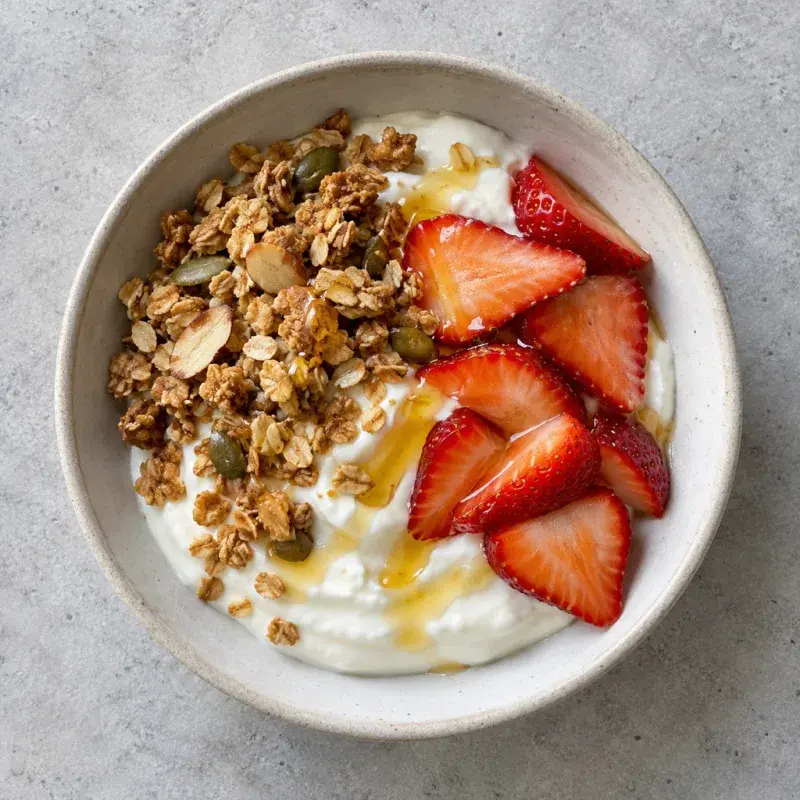 A bowl of Greek yogurt with granola, sliced strawberries and a drizzle of honey