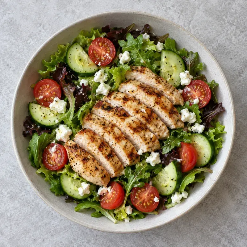 A bowl of salad leaves with sliced grilled chicken breast, cherry tomatoes, cucumber and crumbled feta