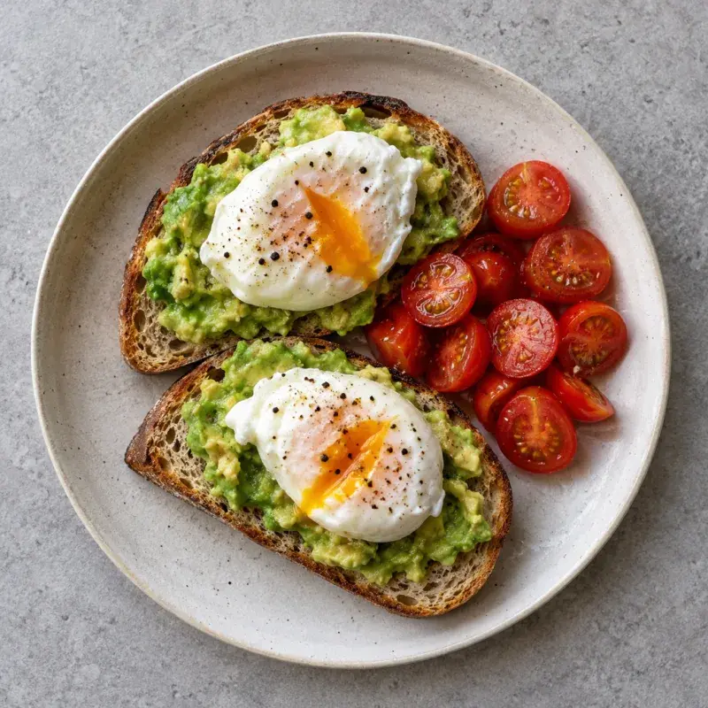 Two slices of sourdough toast with mashed avocado and a poached egg on each, with cherry tomatoes