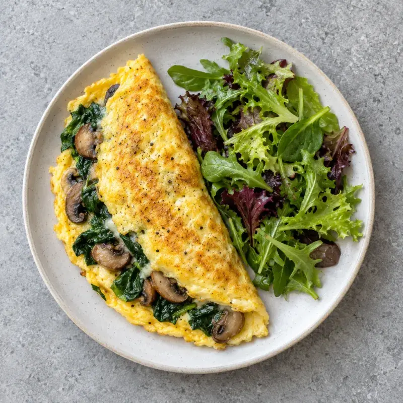A folded omelette filled with spinach and mushrooms, with a side of mixed salad leaves