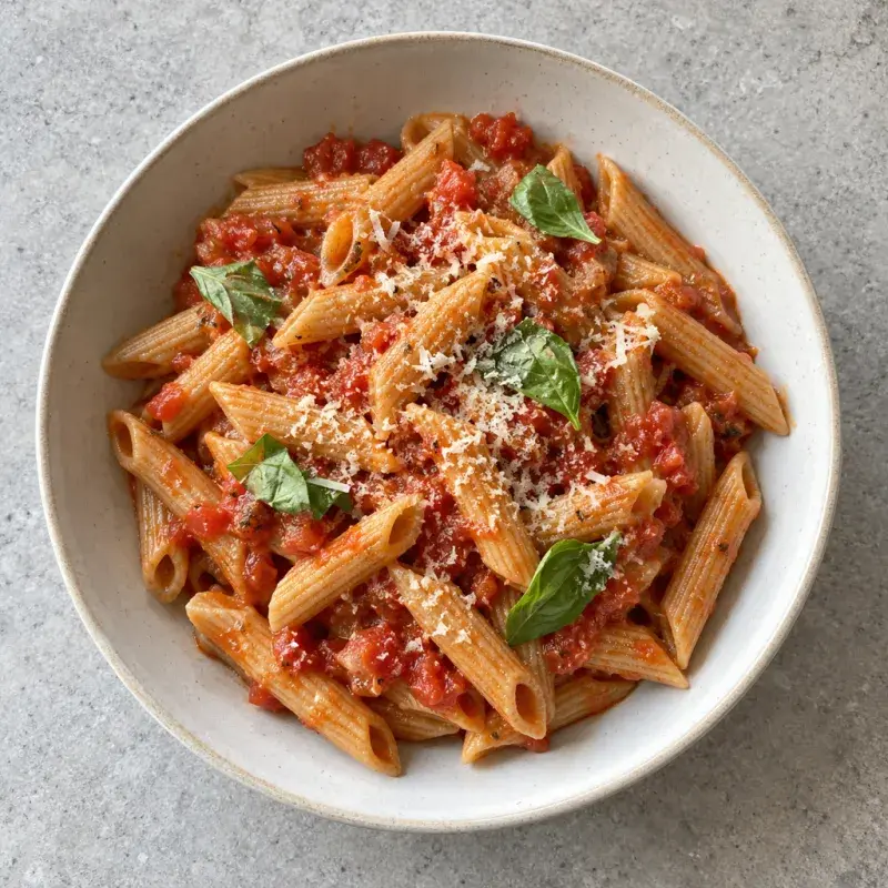 A bowl of whole-wheat penne in tomato sauce with fresh basil and grated parmesan