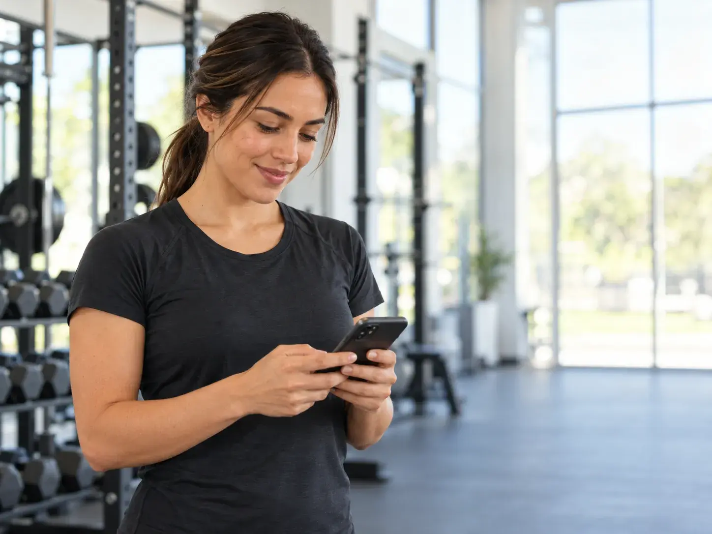 A personal trainer in a gym checking a client's progress on her phone. Sample image.