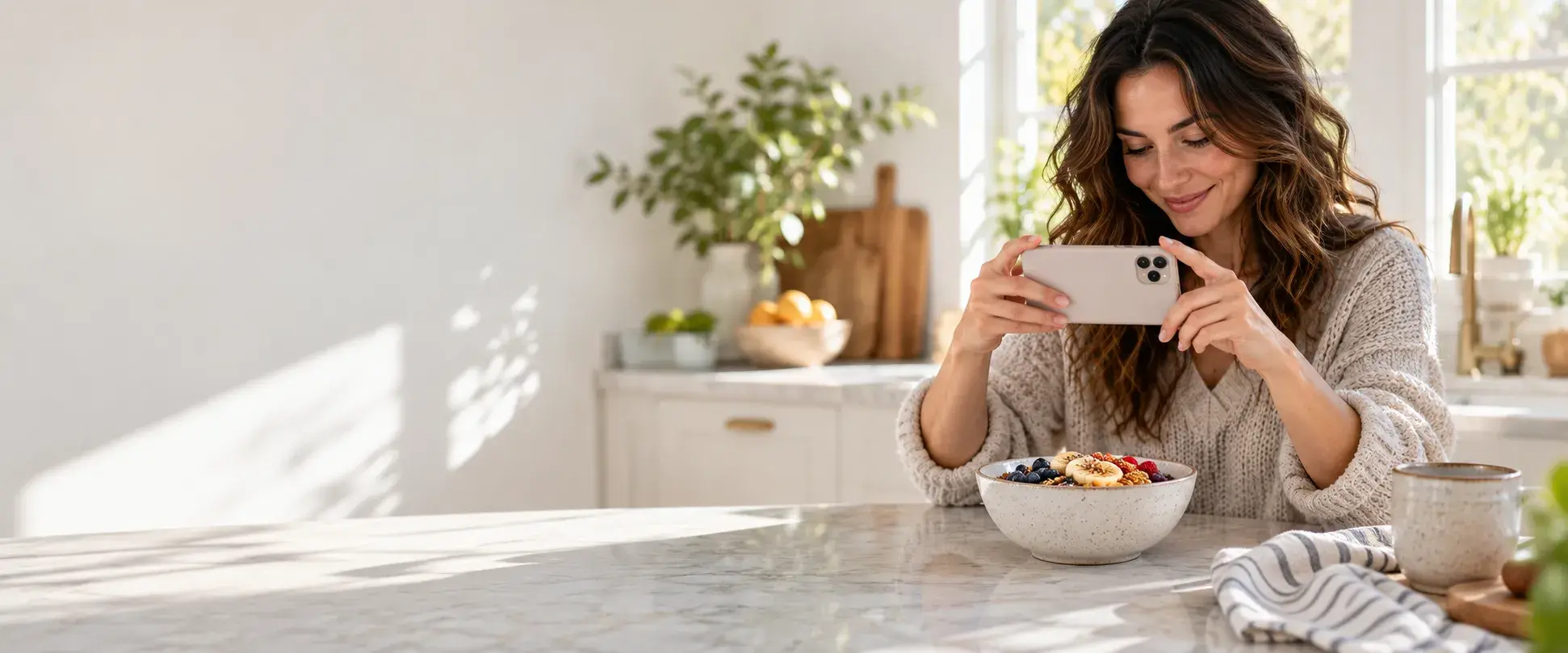 A woman at her kitchen counter photographing her breakfast bowl with her phone