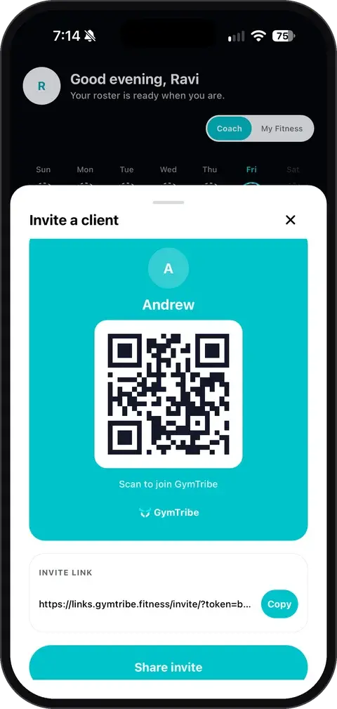 GymTribe invite screen with a QR code and an invite link for a new client, Andrew.