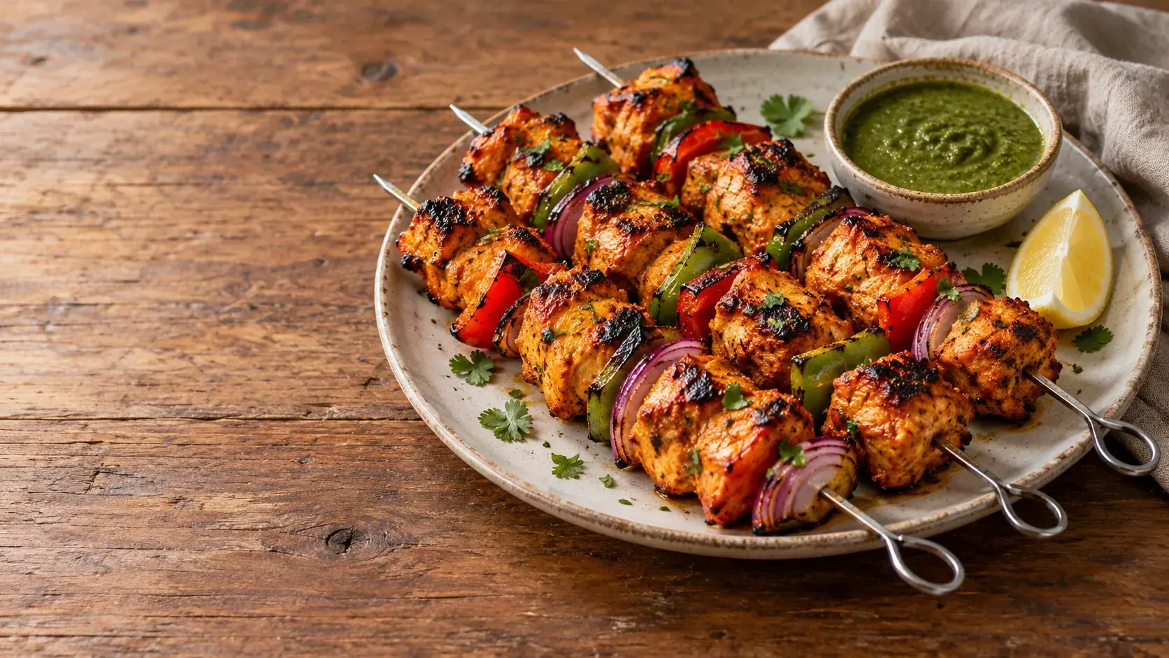 A plate of charred chicken tikka skewers with bell pepper and red onion, a bowl of green chutney and a lemon wedge on a wooden table