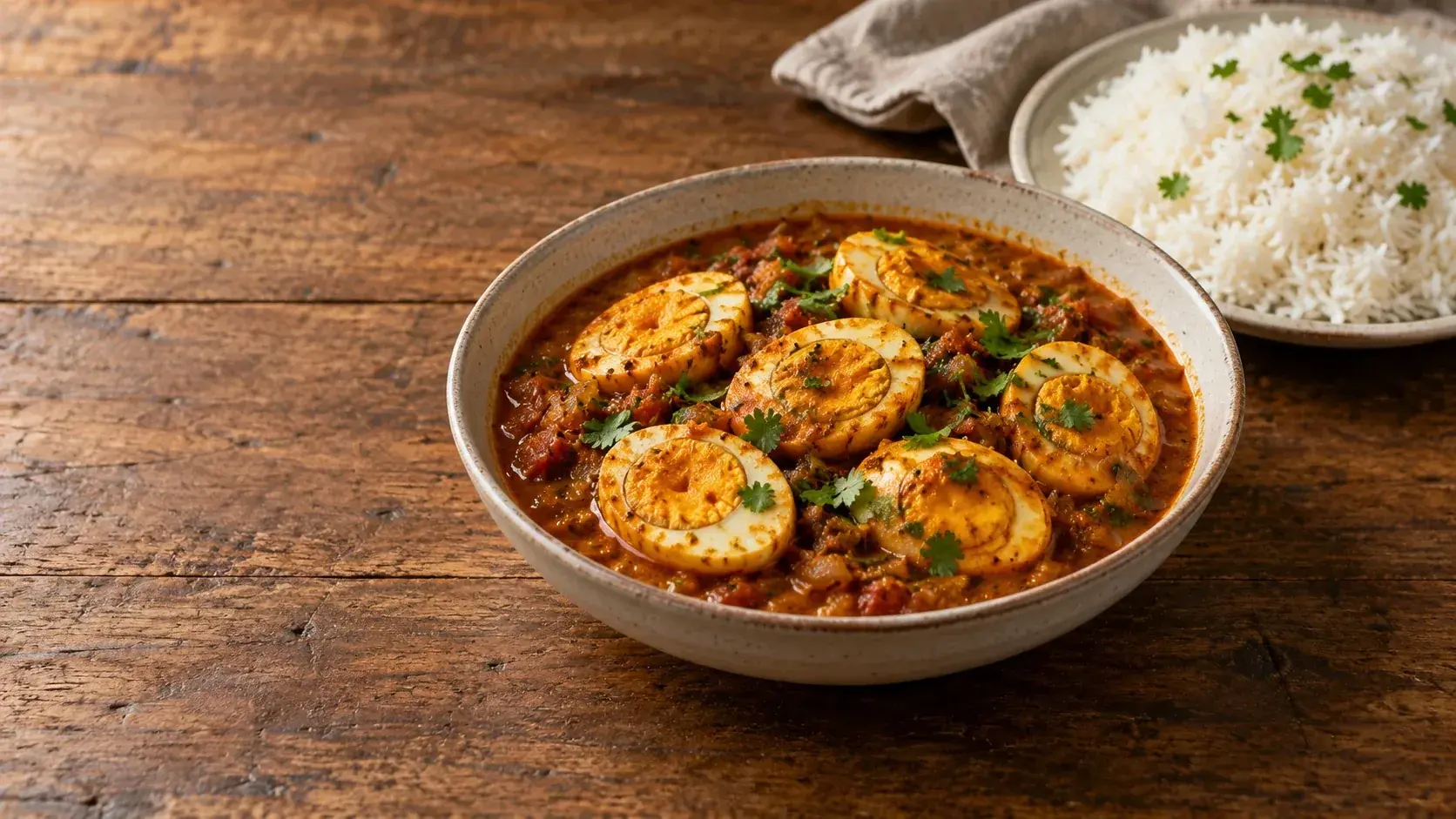 A bowl of egg curry with halved boiled eggs in tomato gravy and coriander, beside a plate of steamed white rice on a wooden table