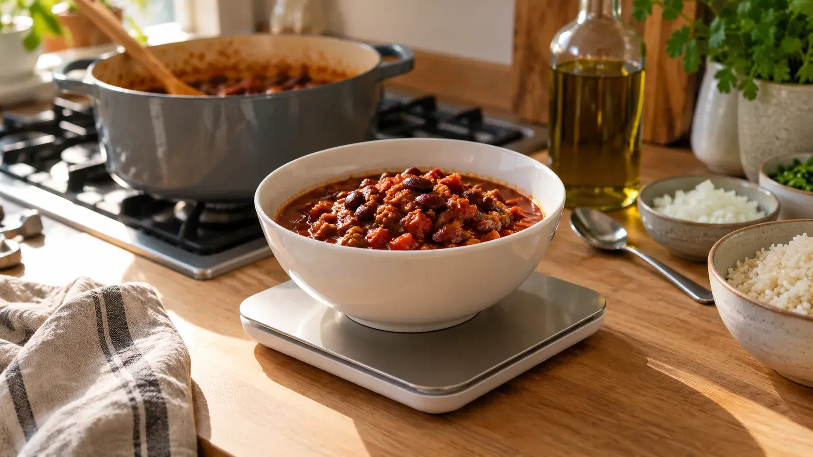A bowl of bean chili on a kitchen scale beside the pot on the stove, with olive oil, diced onion and rice on the counter