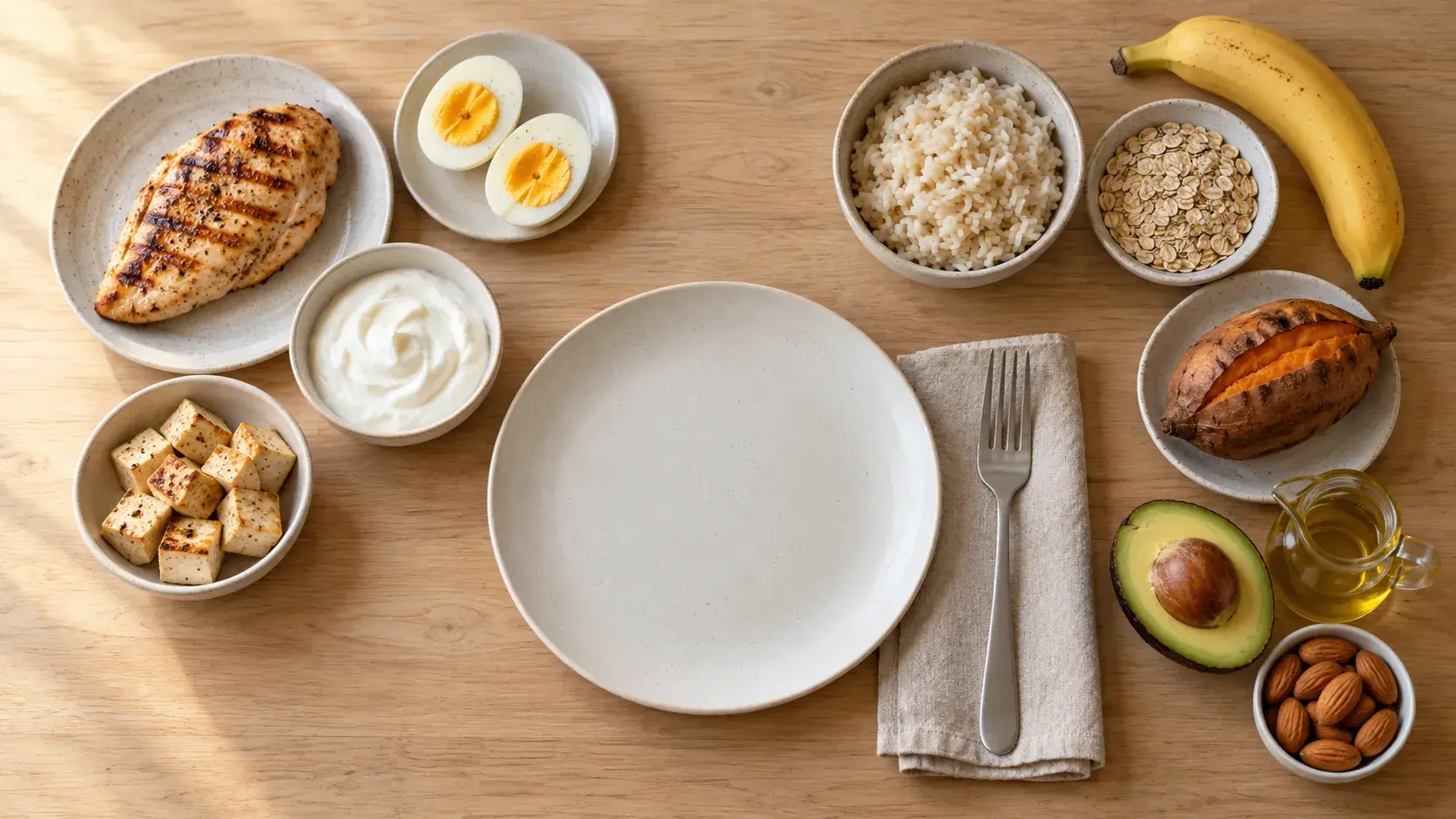 An empty plate surrounded by protein, carb and fat foods: grilled chicken, eggs, yogurt, tofu, rice, oats, banana, sweet potato, avocado, olive oil and almonds