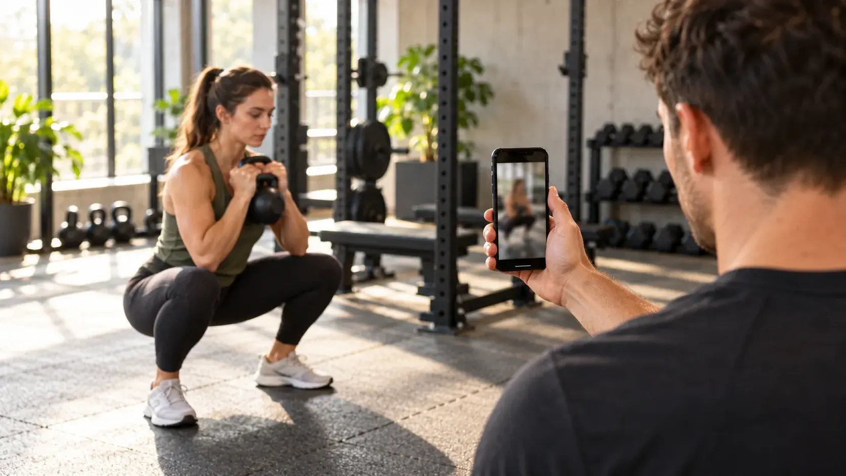 A coach filming a client's goblet squat on a phone in a bright gym