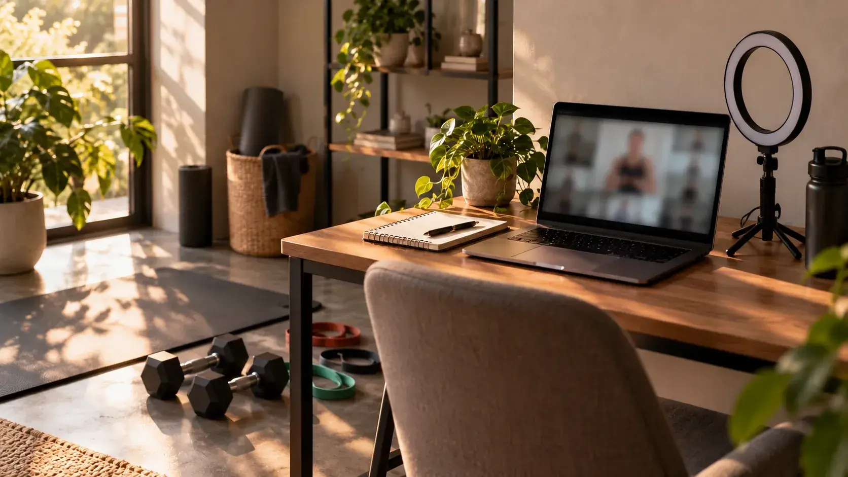 A home coaching desk with a laptop on a video call, a ring light, a notebook, and dumbbells and bands on the floor