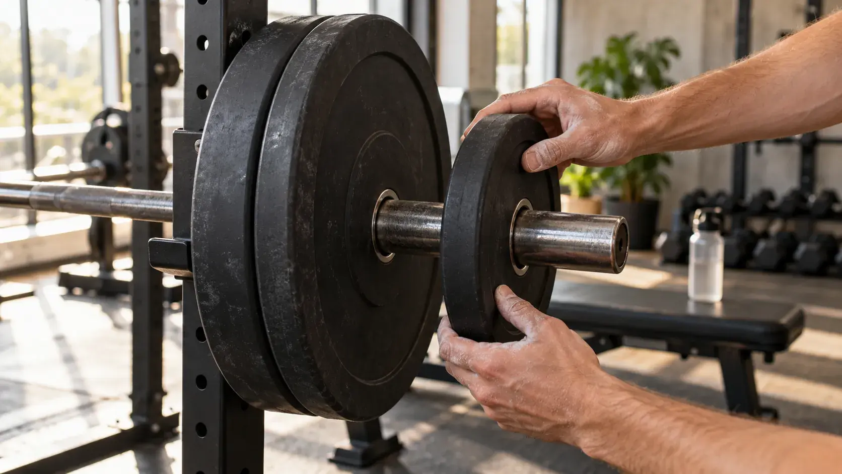 Chalked hands sliding a small bumper plate onto a loaded barbell in a squat rack