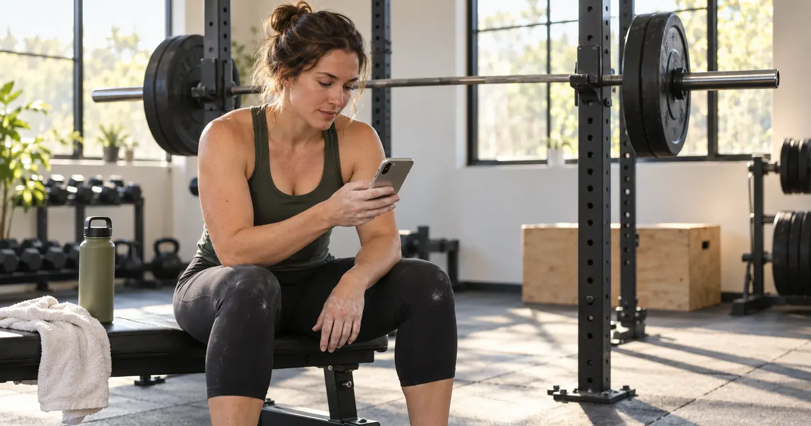 A woman resting on a gym bench beside a loaded squat rack, checking her phone between sets