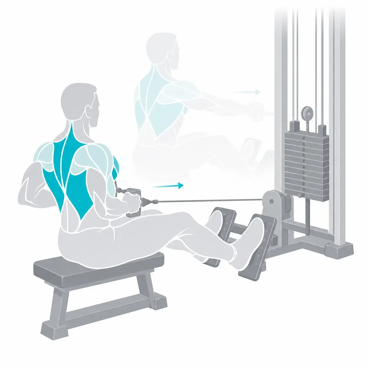 Illustration of a seated cable row, showing the start and end positions