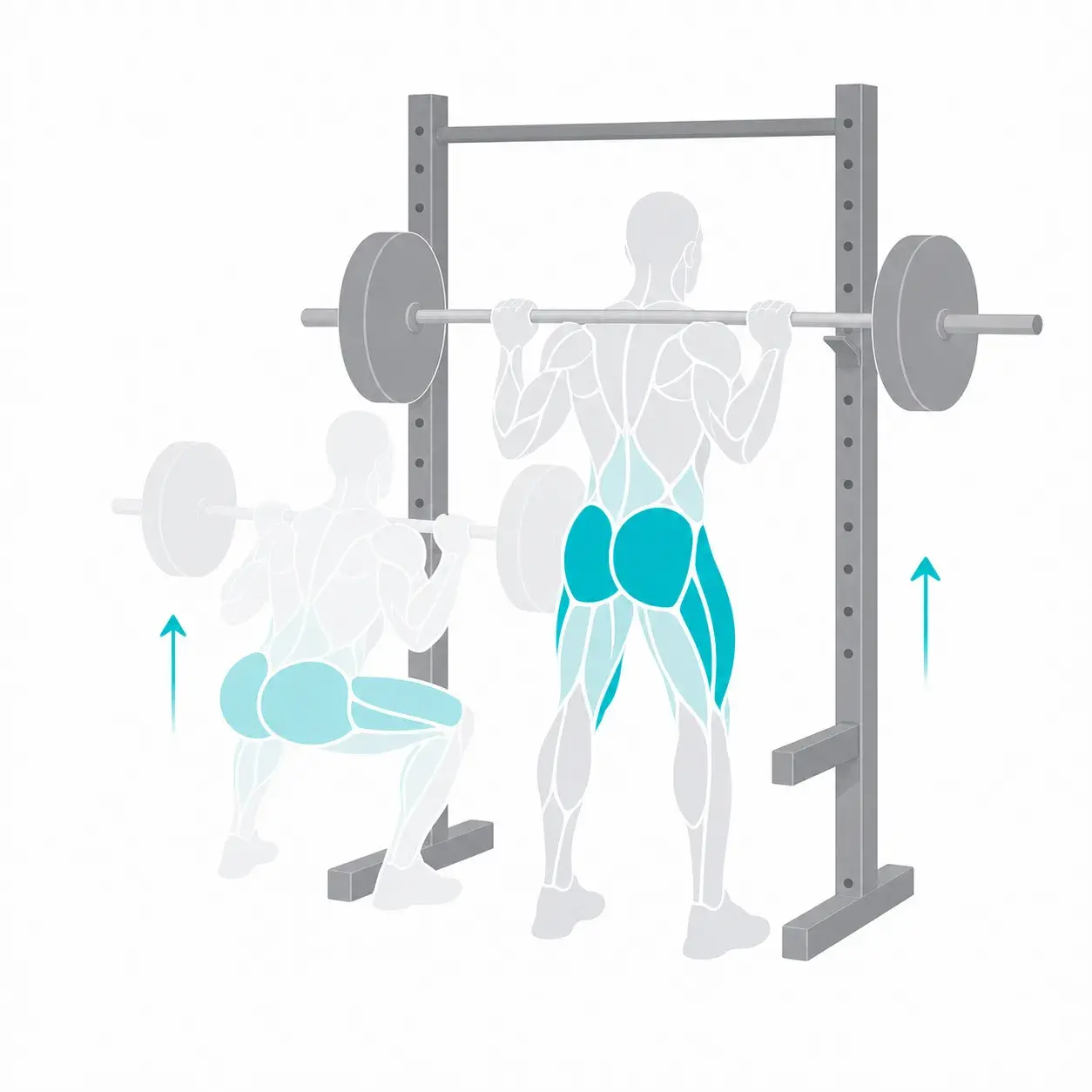 Illustration of a back squat, showing the start and end positions