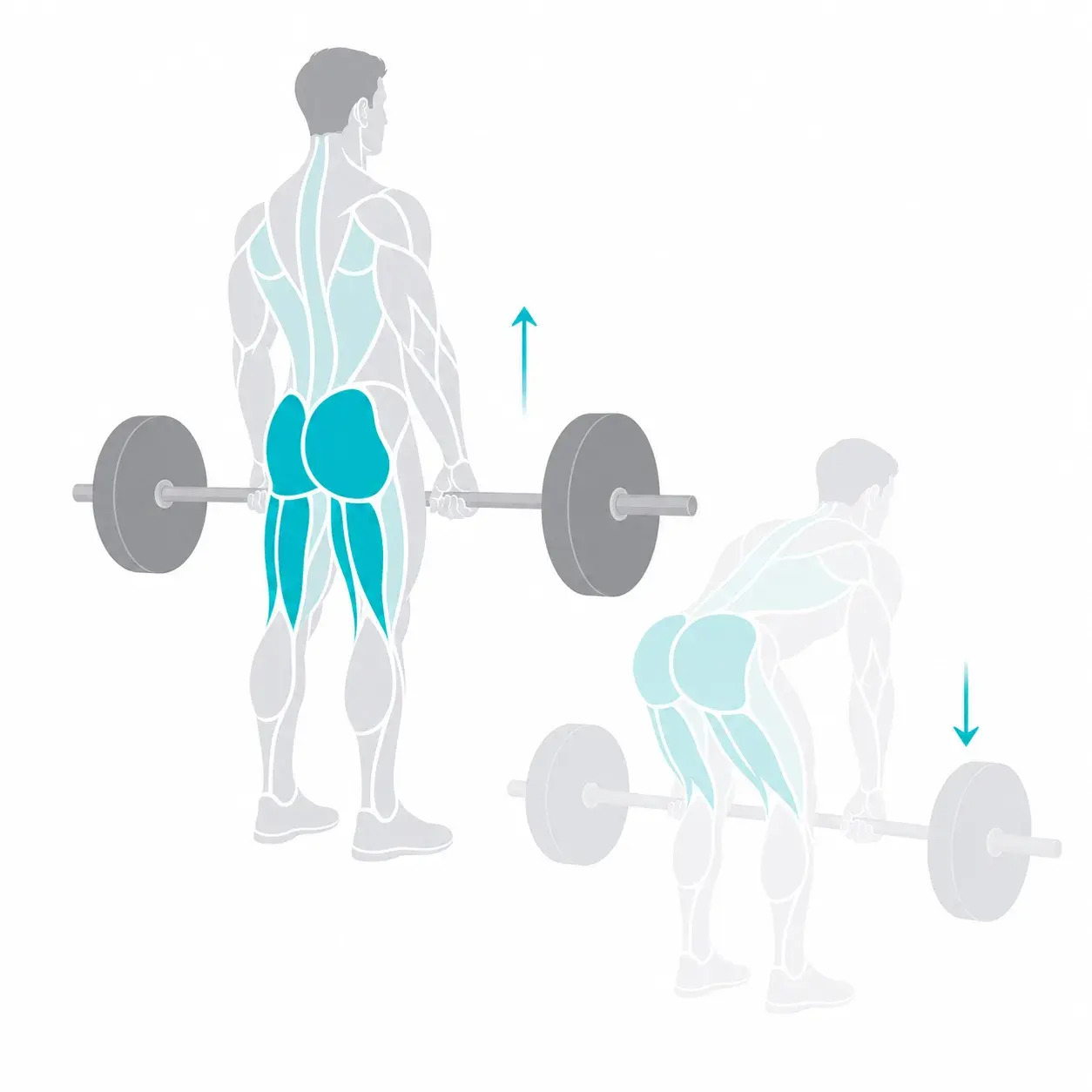 Illustration of a Romanian deadlift, showing the start and end positions