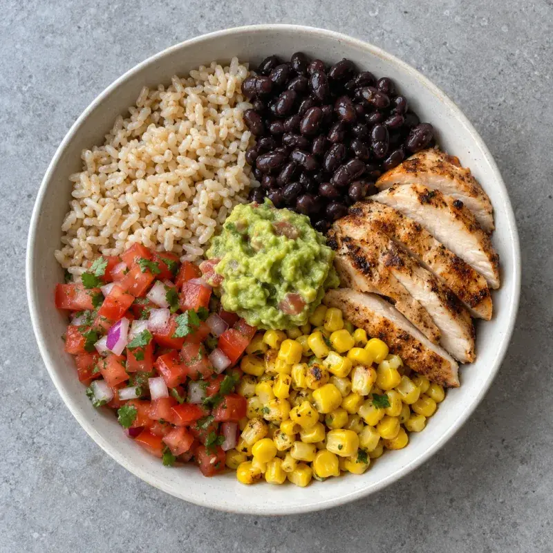 A burrito bowl with brown rice, black beans, sliced grilled chicken, corn, tomato salsa and guacamole