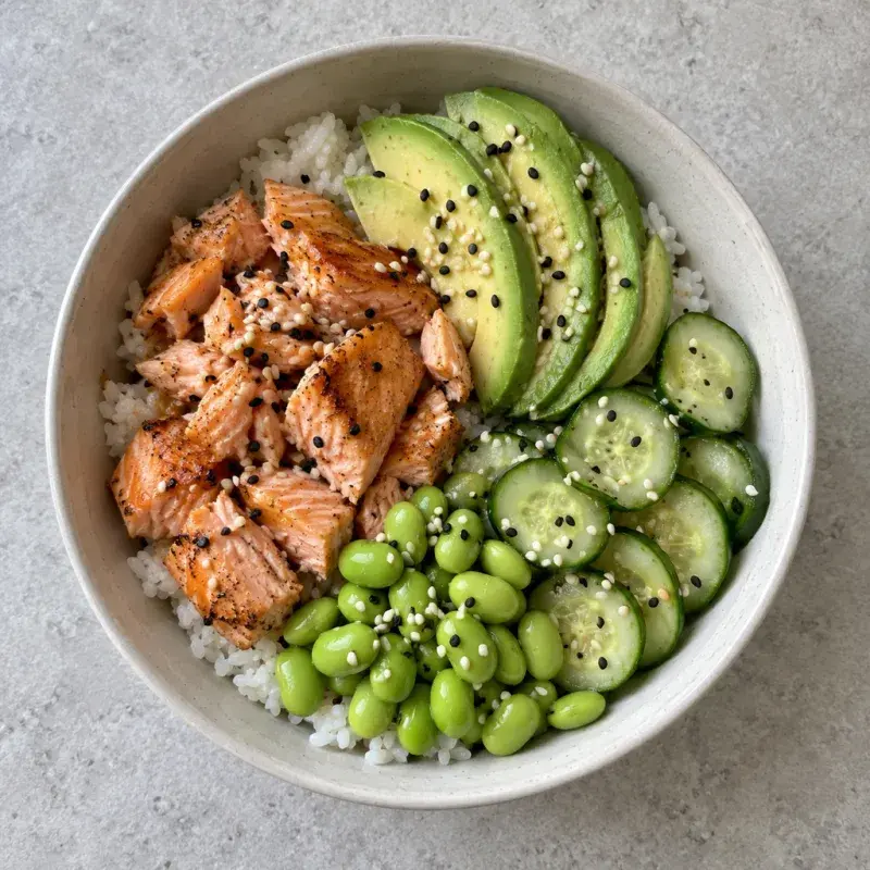 A bowl of rice topped with salmon, sliced avocado, cucumber and edamame, sprinkled with sesame seeds