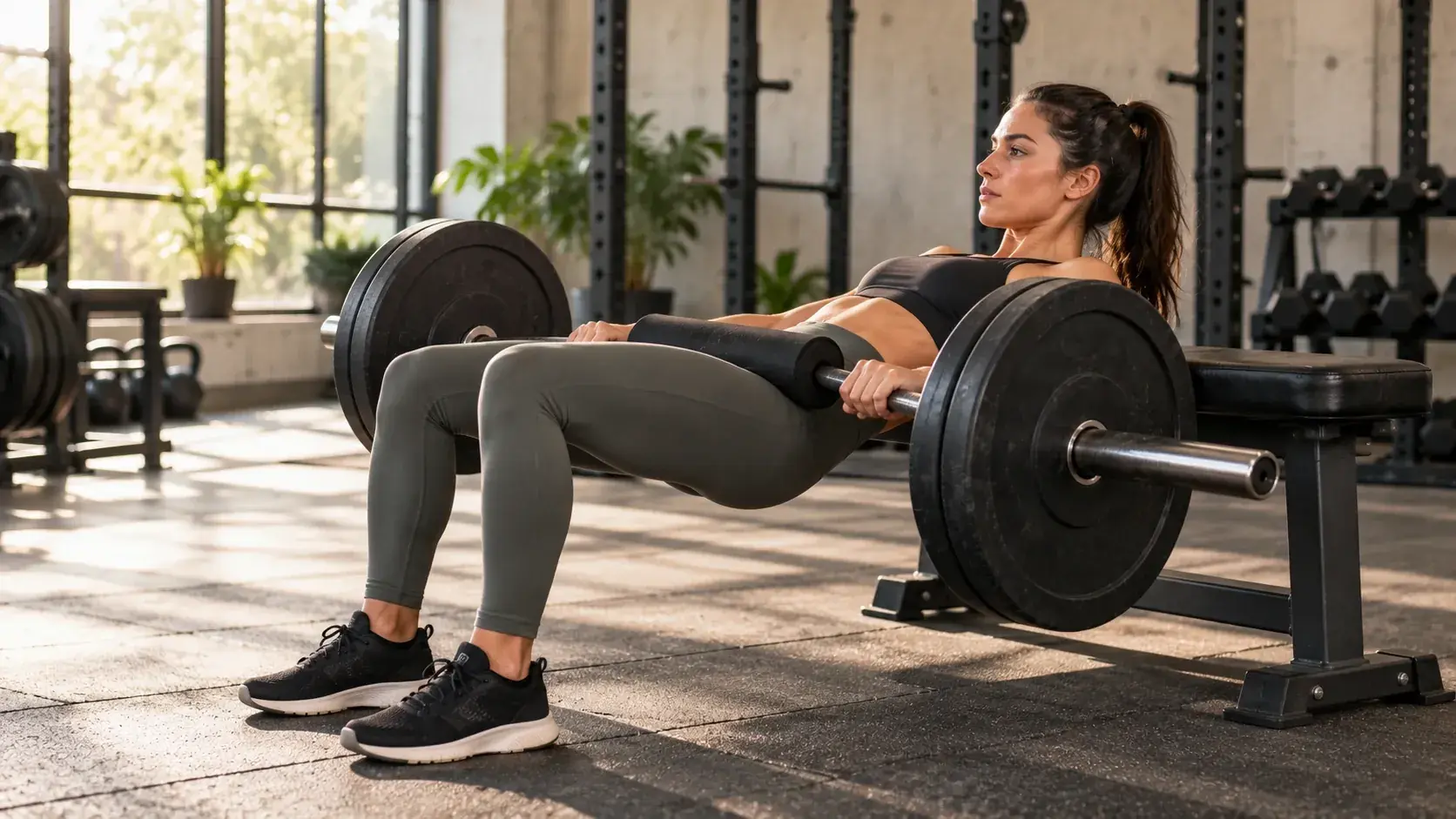 A woman at the top of a barbell hip thrust with her upper back on a bench