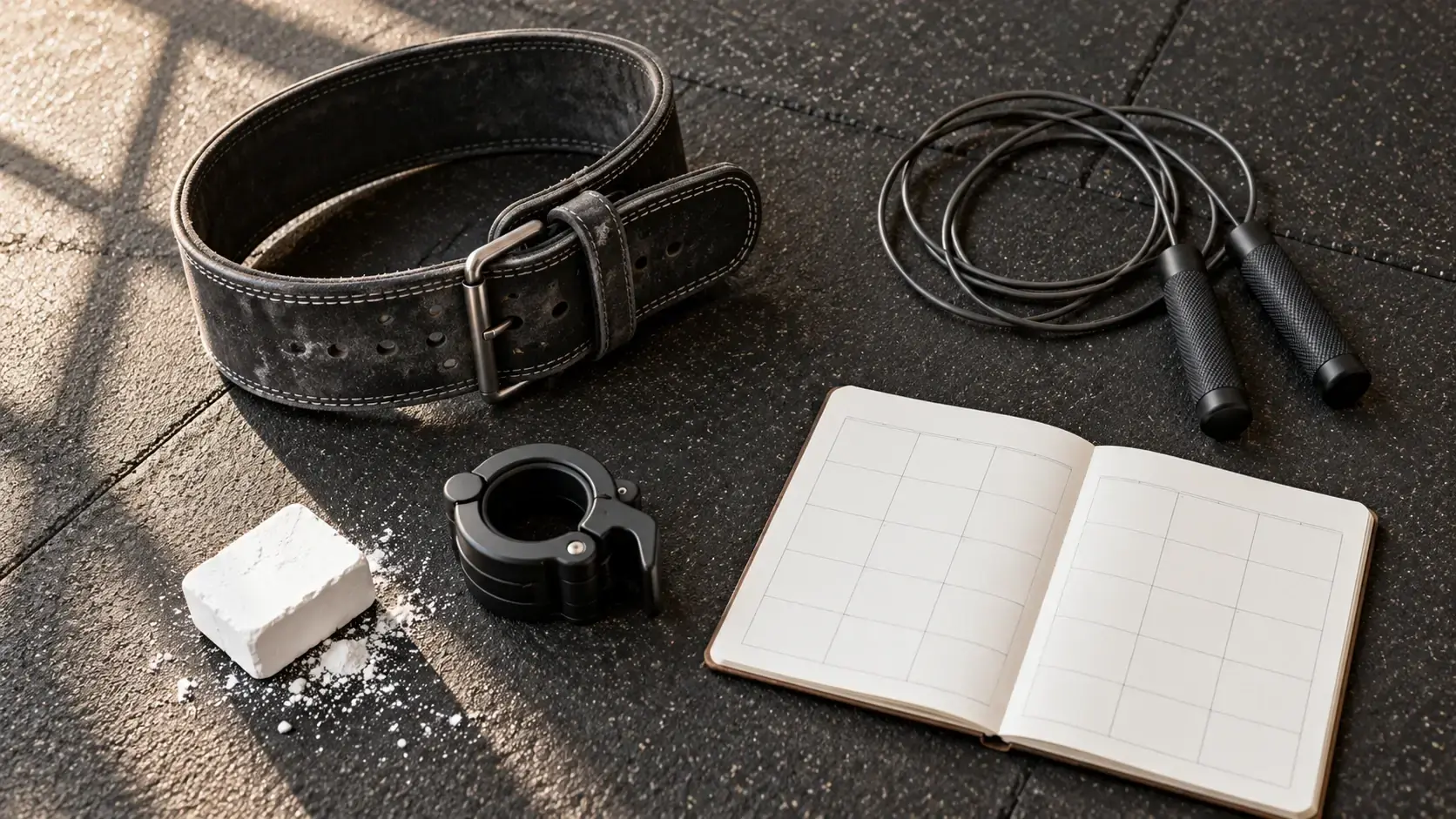 A lifting belt, chalk, a barbell collar, a jump rope and a notebook open to a blank weekly grid on a gym floor