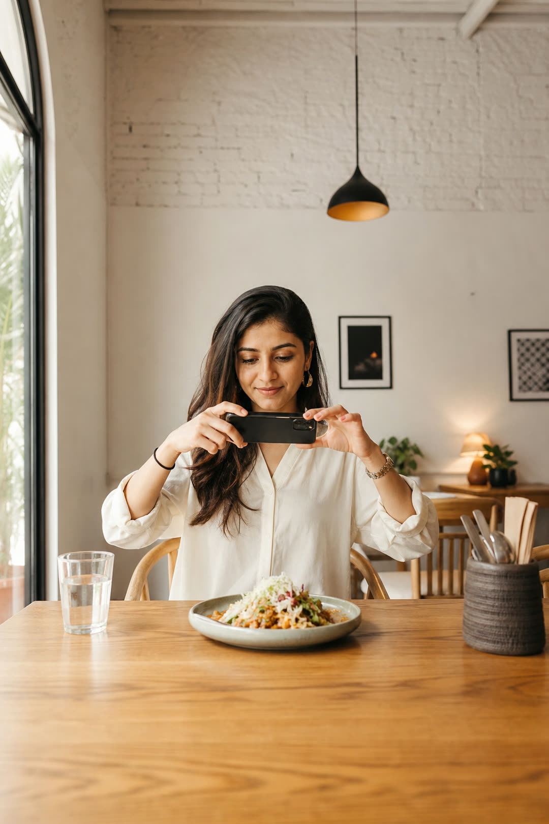 A woman photographing a meal for nutrition tracking