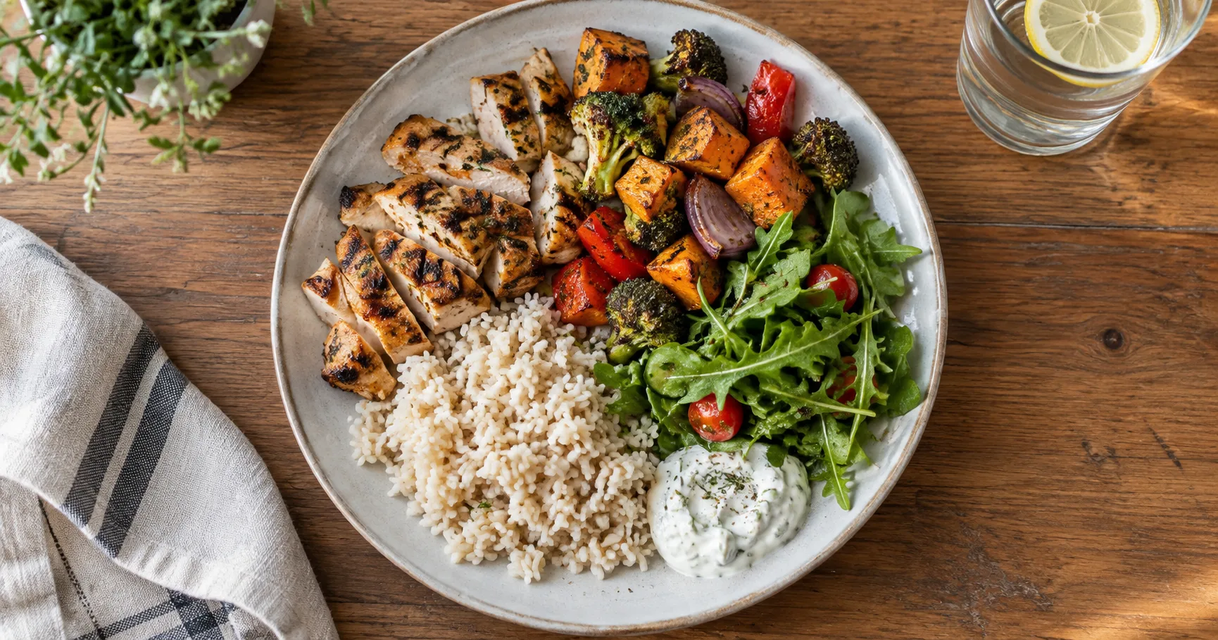 A plated meal with chicken, rice, roasted vegetables, and salad on a wooden table