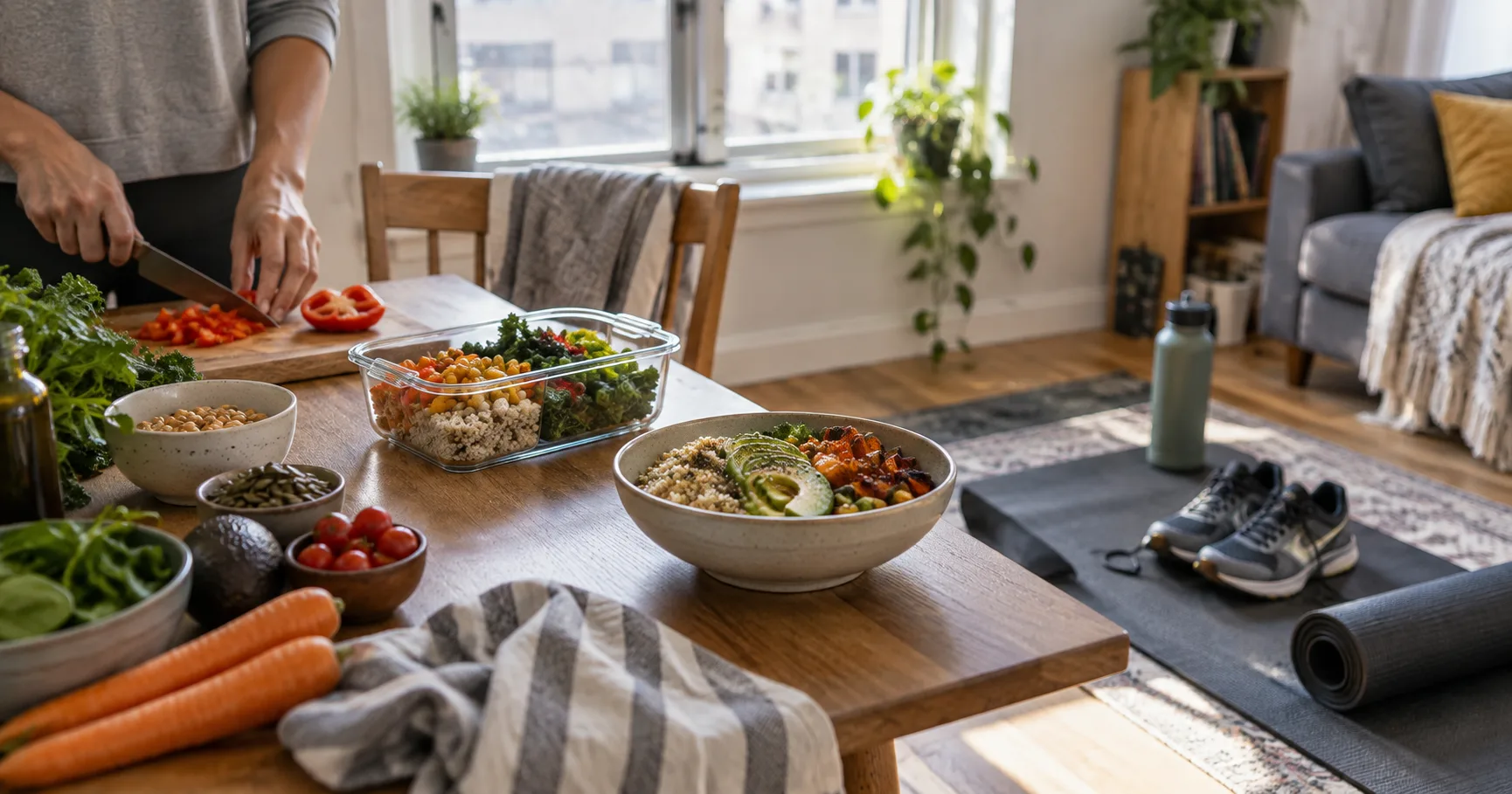 A home meal-prep table with workout shoes and a yoga mat ready for the day