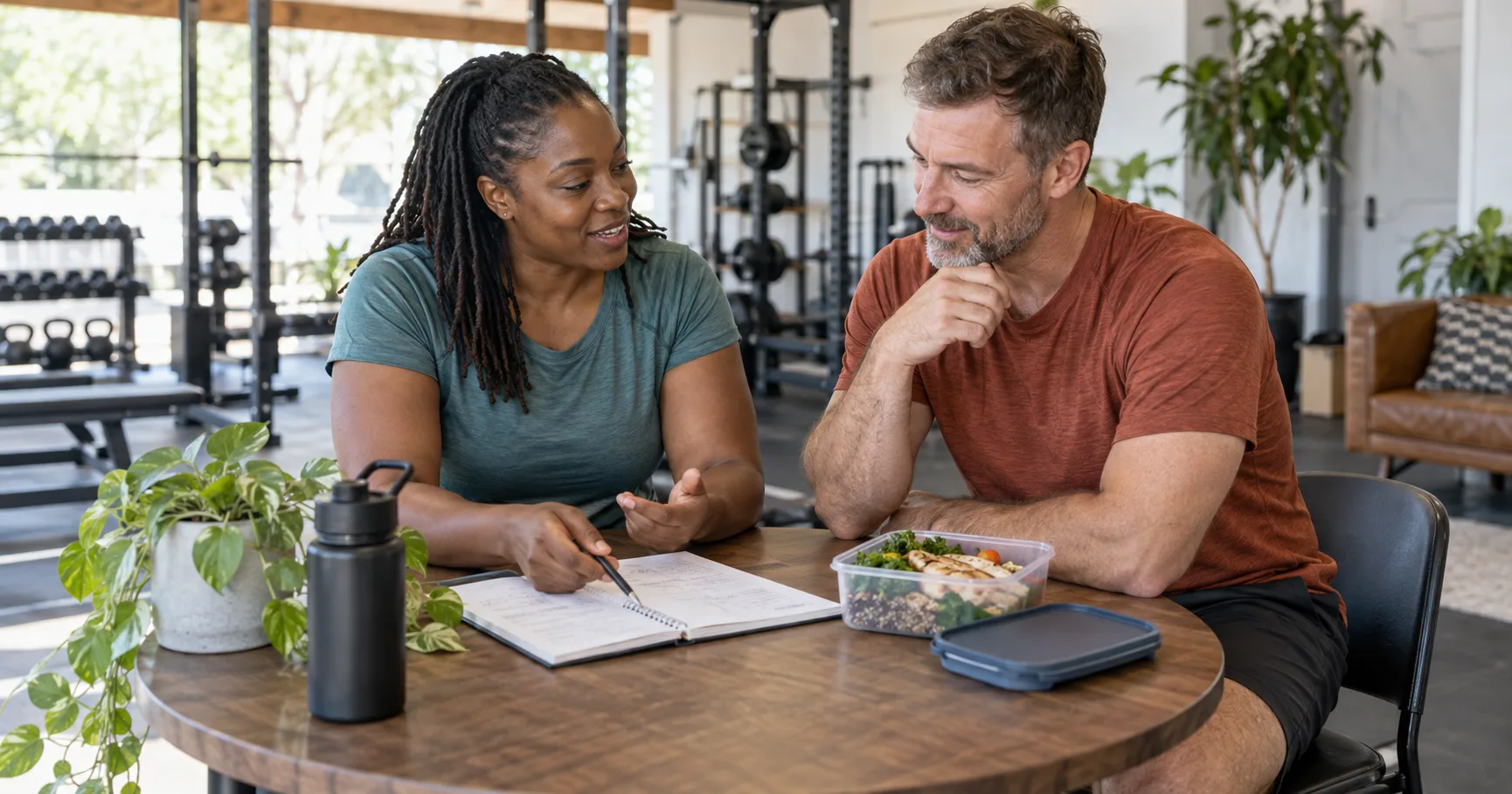 A personal trainer and client discussing a written plan beside a packed meal in a gym