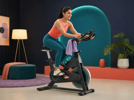 Woman riding a stationary bike in a teal-accented studio