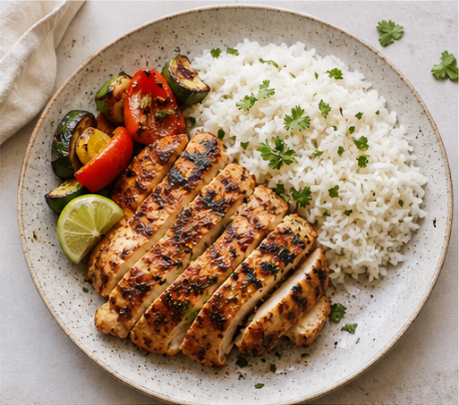 Grilled chicken with rice and vegetables from the GymTribe food catalog