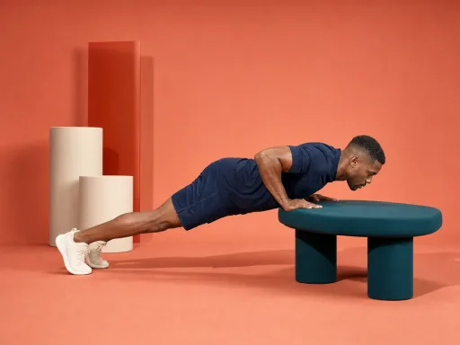 Man performing an incline push-up in a coral studio