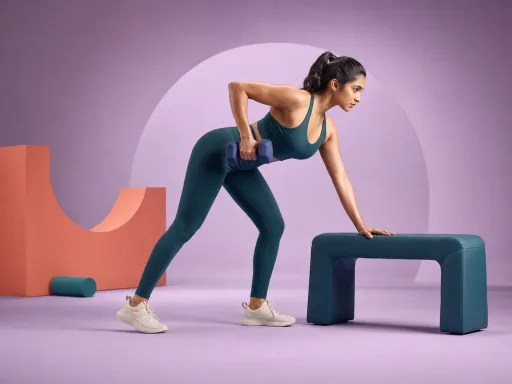 Woman performing a dumbbell row in a lavender studio