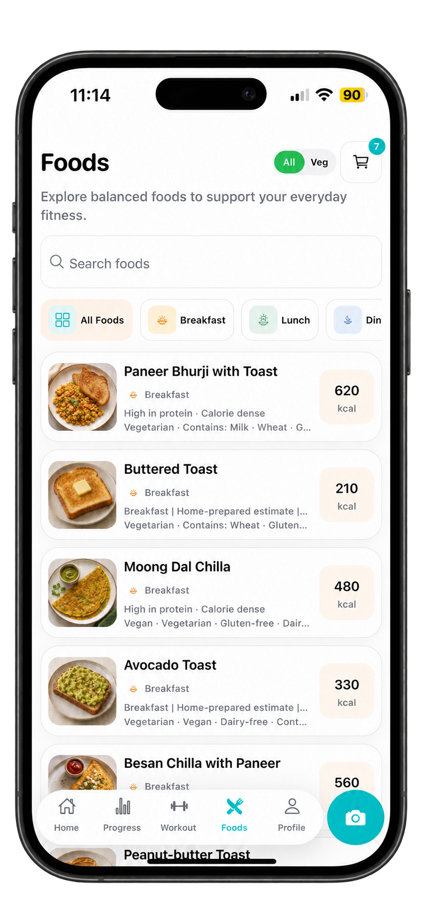 GymTribe Foods screen with a searchable catalog of meals and calories