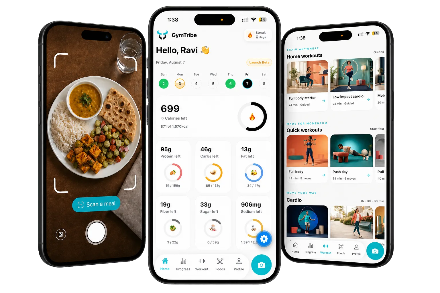 Three GymTribe app screens showing meal scanning, nutrition tracking, and home workouts